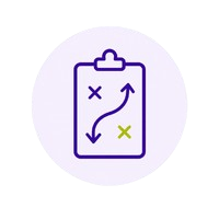 Icono de estrategia con portapapeles, flecha curva y marcas en X para representar planificación y gestión de farmacia.